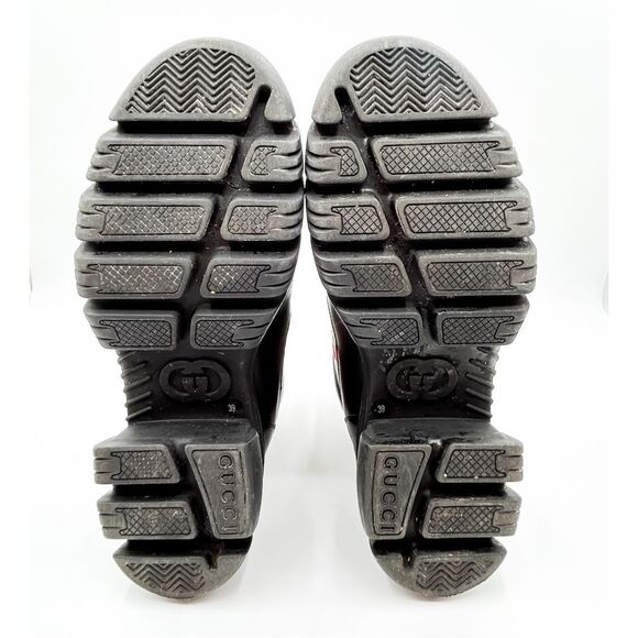 Gucci GG Web Stripe Lug Sole Black Leather Quebec Combat Boots Size 39, 9 - Picture 10 of 12